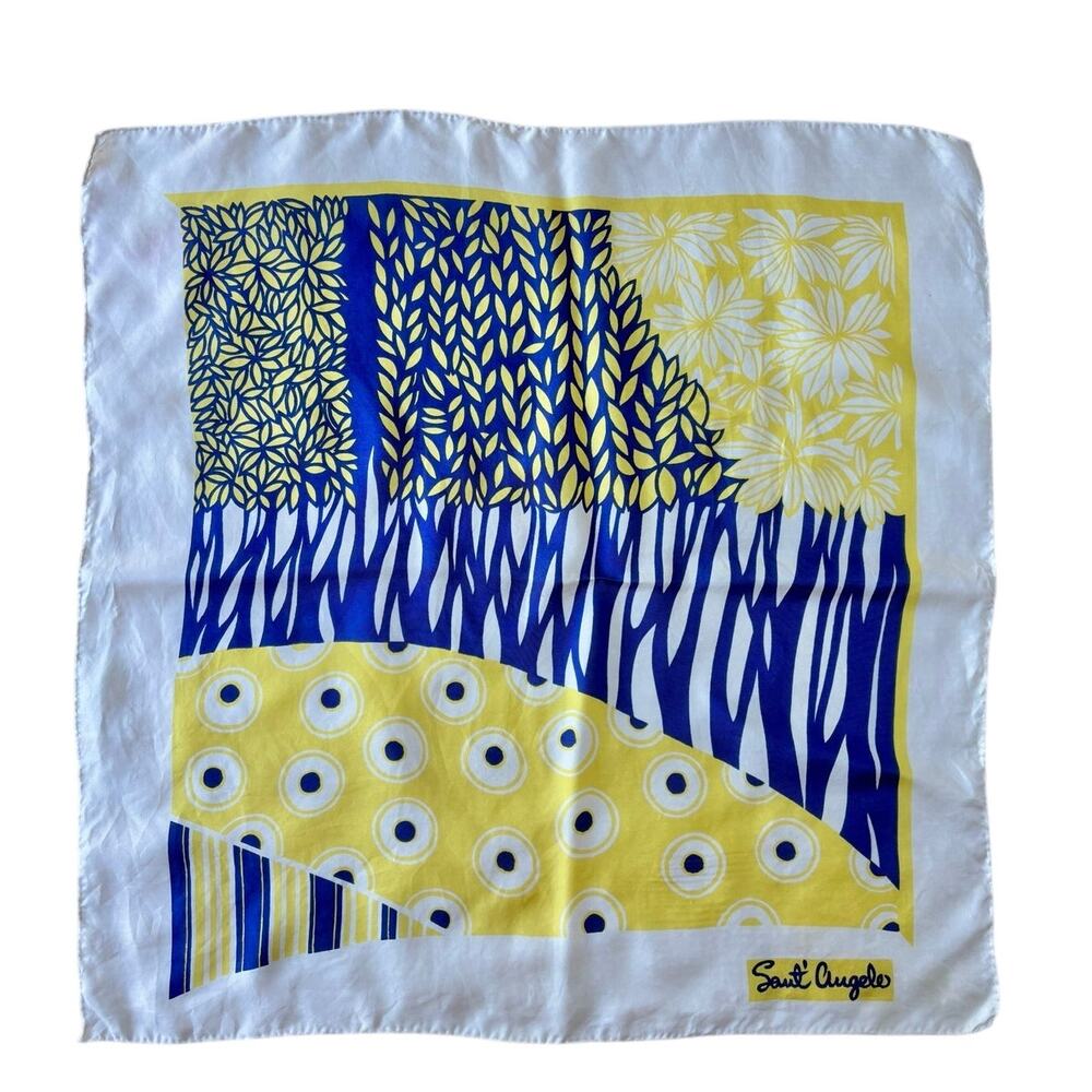 Vintage 1970s Giorgio Sant' Angelo Silk Scarf Blue Yellow Abstract Mod Art Print